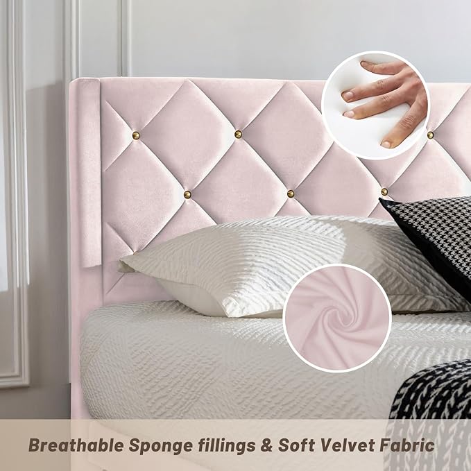 Full Size Platform Bed Frame with Velvet Upholstered Headboard and Sturdy Wooden Slats Support,Mattress Foundation，Easy Assembly, No Box Spring Needed,Slip Resistant (Pink, Full)