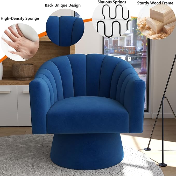 Swivel Accent Chair,Upholstered Velvet 360° Swivel Barrel Chair for Living Room Overstuffed Bouncle Reading Chair Round Armchair for Bedroom,Vanity,Office(Navy)