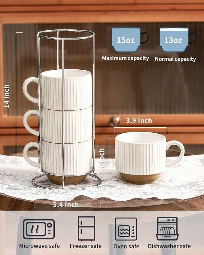 Ceramic Coffee Mugs with Stand,15 Oz Stackable Coffee Cups Set of 4 for Latte,Milk,Tea,Gift for Thanksgiving Christmas Housewarming,Dishwasher & Microwave Safe,White Patchwork Color