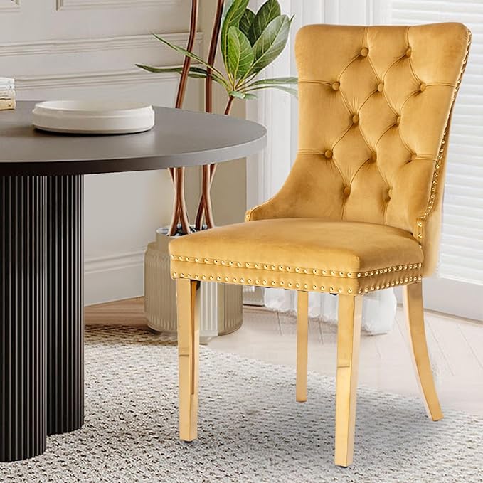 Velvet Upholstered Dining Chairs Set of 6, Modern Style Kitchen Side Chairs with Nailhead Trim and Gold Plated Leg, Metal Pulling Ring for Dining Room Living Room(Gold-Gold Plated Leg)