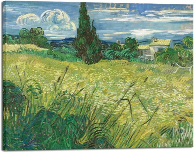 Wieco Art Abstract Large Canvas Prints Wall Art Green Field 1889 by Van Gogh Famous Oil Paintings Reproduction Artwork Stretched Landscape Picture for Home Office Decoration Wall Decor