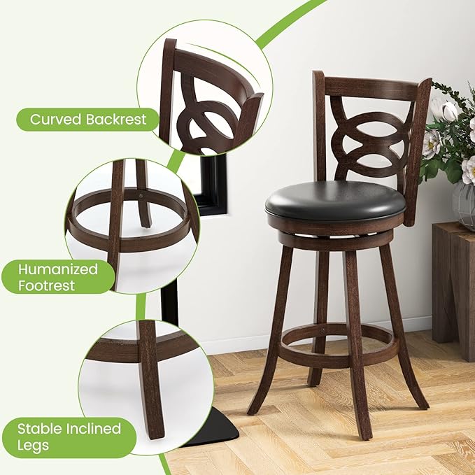 ERGOMASTER Swivel Bar-Stools Set of 2 Brown Counter Height Barstool 29 Inch Seat Bar Chair