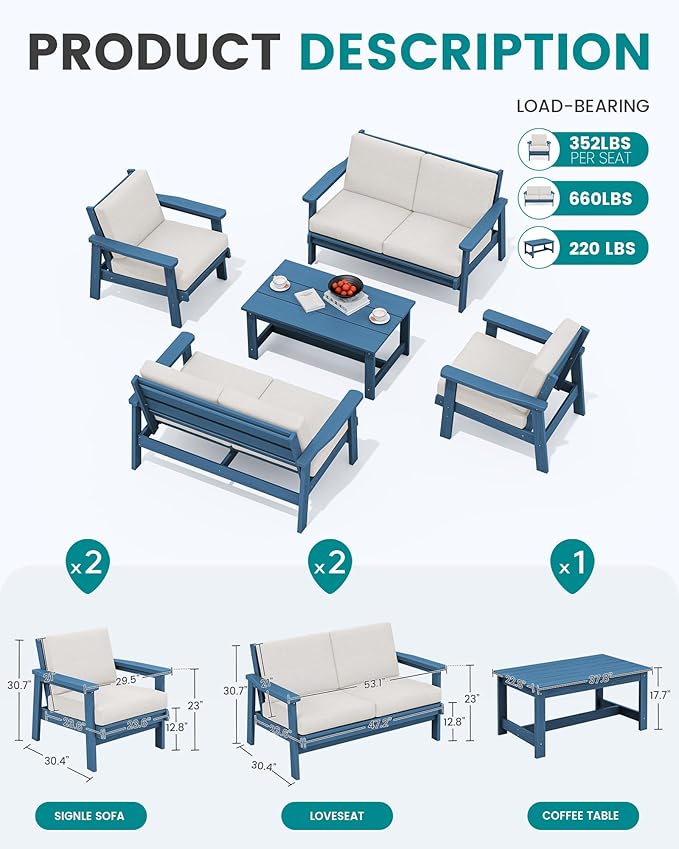 SERWALL HDPE Patio Furniture Set, 5 Piece All Weather Wood-Like Sectional Outdoor Furniture Set, Blue Patio Sofa Couch with Khaki Cushions for Deck, Lawn