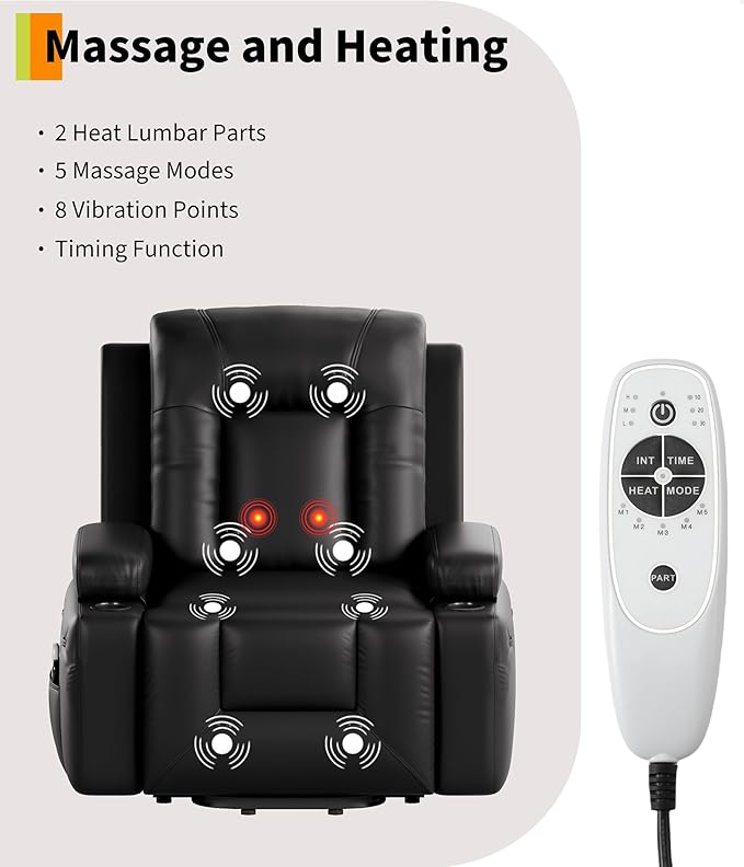 GarveeHome Oversized Wide Power Lift Recliner Chair - Heat and Massage, Adjustable Back and Legs, PU Leather Electric Lift Chair Designed for The Elderly and People with Mobility impaired