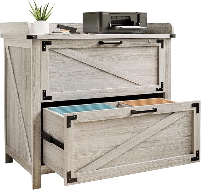 2 Drawer File Cabinet with Lock, Modern Farmhouse Filing Cabinet for Legal/Letter/A4 Size Hanging Files, Large Wood File Cabinets for Home Office