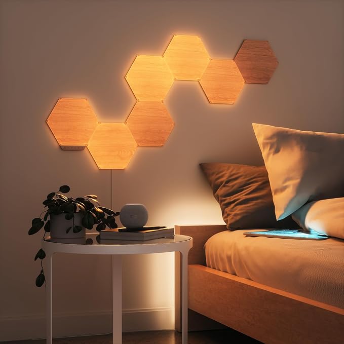 Nanoleaf Elements Wood Look Smart Wall Lights, Hexagon LED Wall Lights work with Alexa Google Assistant, Home Wall Decor for Living Room with Music Sync, Touch Control, Ambient Lighting, 7 PK