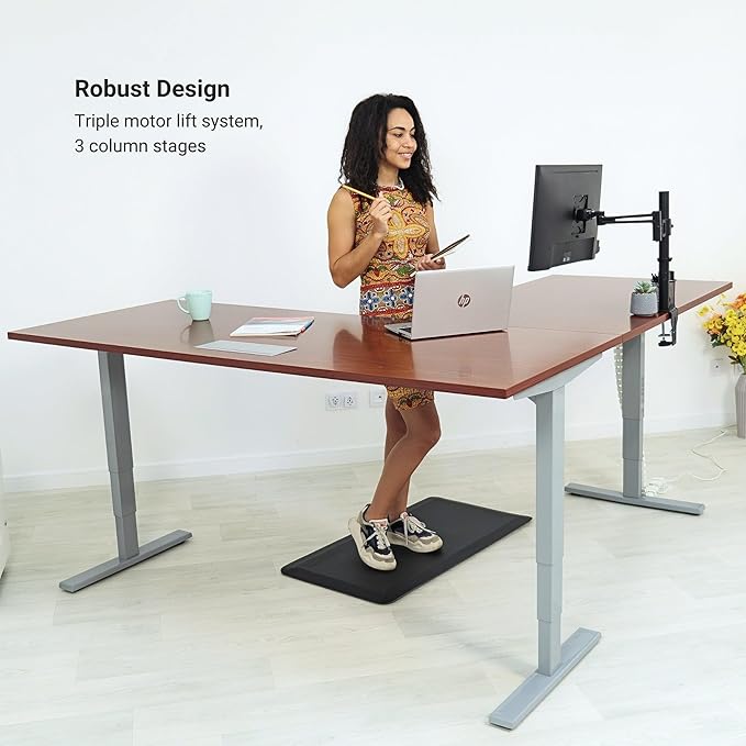 Progressive Desk Stand Up Height Adjustable Standing Desk - L Shaped 85" x 72" Corner Computer Rising Workstation Electric Table - Gray Oak, Black Frame