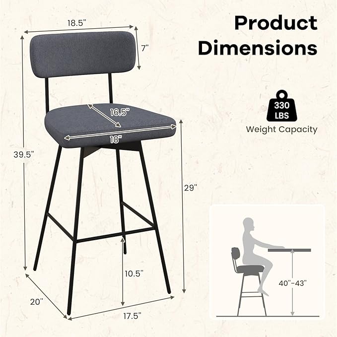 COSTWAY Bar Stools Set of 4, 29” Upholstered Bar Height Chairs with Back, 360° Swivel Dining Chairs with Heavy-Duty Metal Legs and Footrests, for Kitchen Island, Dining Room, Bar (4, Grey)
