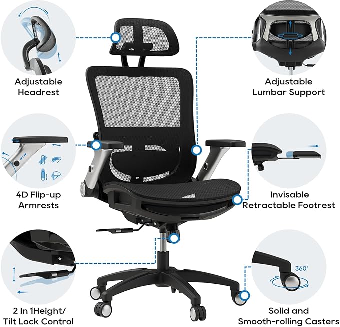 COLAMY Ergonomic Office Chair with Footrest, High Back Mesh Desk Chair with Adjustable Lumbar Support, 3D Armrests, Headrest, Recline Function, Rolling Swivel Task Chair for Home Office (Graphite)