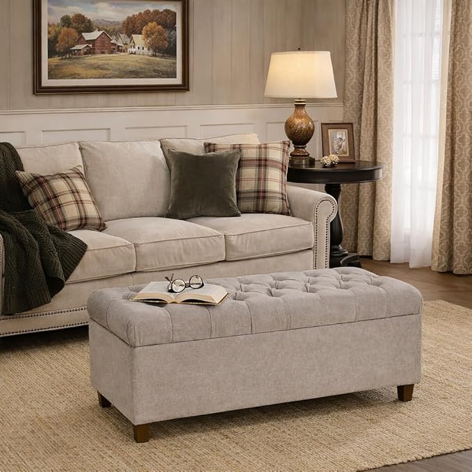 Homepop Home Decor | Tufted Ainsley Button Storage Ottoman Bench with Hinged Lid | Ottoman Bench with Storage for Living Room & Bedroom, Grey