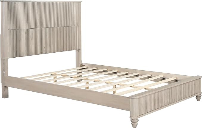 Queen Size Solid Wood Platform Bed Frame, Solid Wood Bed with 63.58" Headboard, Solid Wood Leg/No Box Spring Needed/Noise Free/Beige