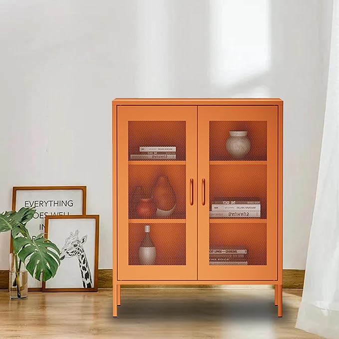 Orange Metal Storage Cabinet with Mesh Doors, Small Office Cabinet with 2 Adjustable Shelves, Accent Metal Locker Storage Cabinet for Home, Office, Living Room, Hallway