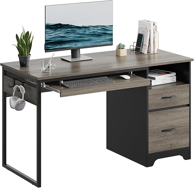 Bestier 48” Computer Desk with Drawers, Office Desk with Storage, Industrial Wood Writing Desk with File Drawer, Keyboard Tray & 2 Hooks for Home Office & Studio, Gray