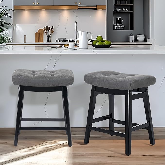 Counter Height Bar Stools Set of 2 for Kitchen Counter Farmhouse Modern Barstools with Faux Leather Upholstered Backless Seat and Solid Wood Legs 24 inch Bar Chairs, Grey + Black
