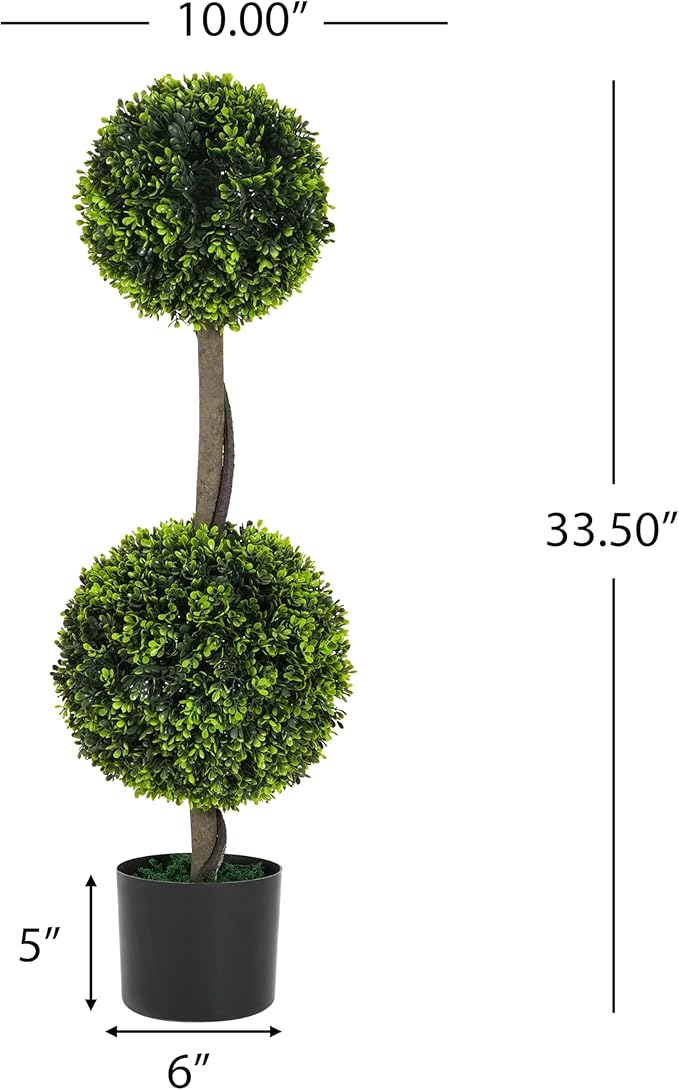 Christopher Knight Home Alene Set of 2 34''H Pre-Potted Artificial Tree Indoor, Artificial Topiary Boxwood Tree Double Ball with Pot, Faux Tree with Natural Wood Trunk with Black Plastic Pot, Green