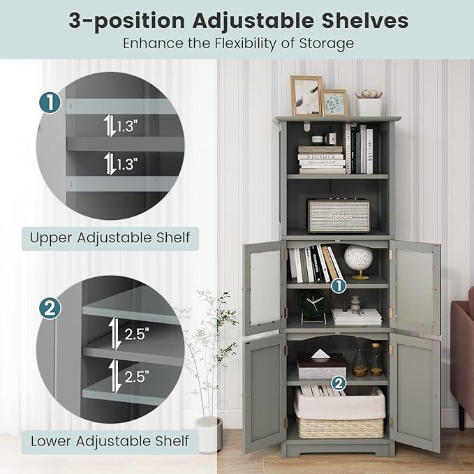 LOKO Tall Bathroom Cabinet, Modern Storage Organizer with Doors & Open Shelves, Wooden Floor Cabinet with Adjustable Shelves for Bathroom, Living Room or Kitchen (Grey)