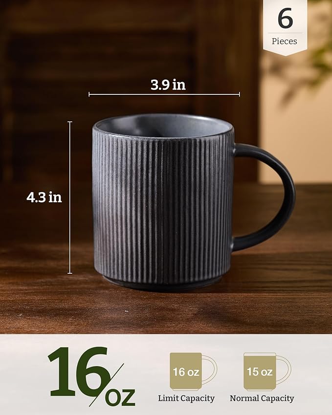 famiware Coffee Mug Set for 6, Star 16 oz Catering Mugs Cup Set with Handle for Coffee, Tea, Cocoa, Milk - Ceramic Stoneware Drinkware Set, Matte Dark Charcoal
