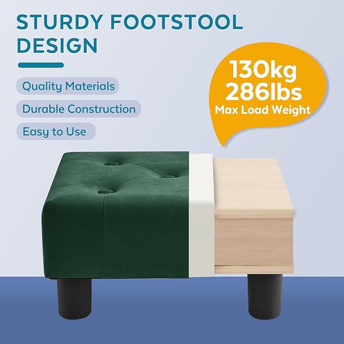 Small Foot Stool Ottoman, Velvet Footstool Ottoman Foot Rest for Couch, Rectangle Footstools and Ottomans Small for Living Room, Entryway (Green)