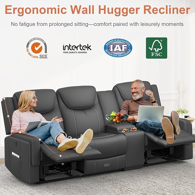 Recliner Sofa, 2 - Way Multi - Function Manual 3 Seater Couch with Cup Holders, Storage & USB Ports, Modern Multifunctional Sofa, Breathable Grey PU Leather Reclining Couch for Living Room