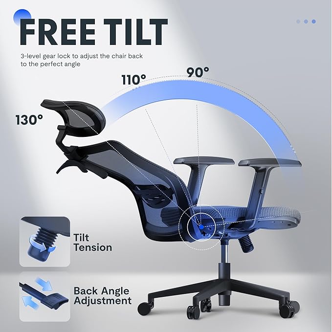 FLEXISPOT Classic Ergonomic Office Chair with High Back Swivel Computer Chair Executive Office Desk Chairs, with Lumbar Support/2D Headrest/Lockable Tilt Function, Foam Seat Cushion, Gray