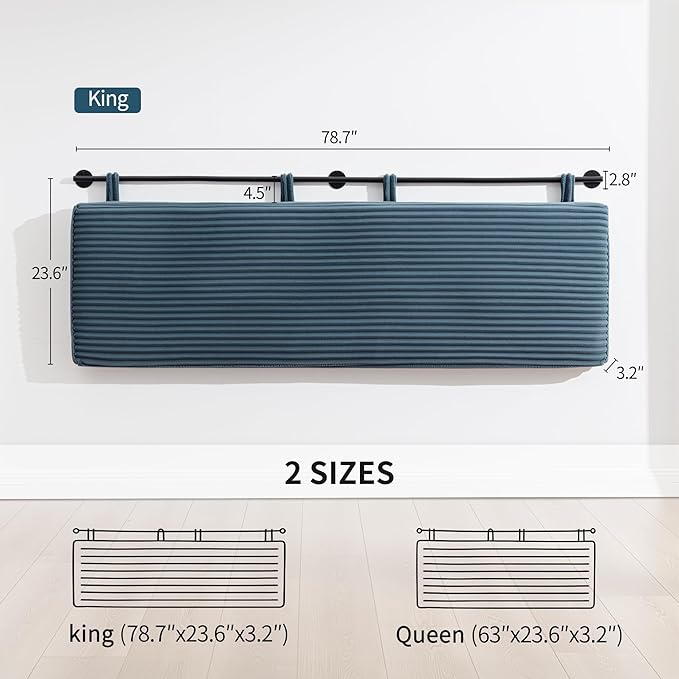 UEV King Headboard Only, Wall Mounted Hanging Upholstered Bed Head Board, Modern Vertical Channel Design of Fine Flannel, Elegant Blue Fluted Headboard for Bedroom (Lake Blue, King Size)