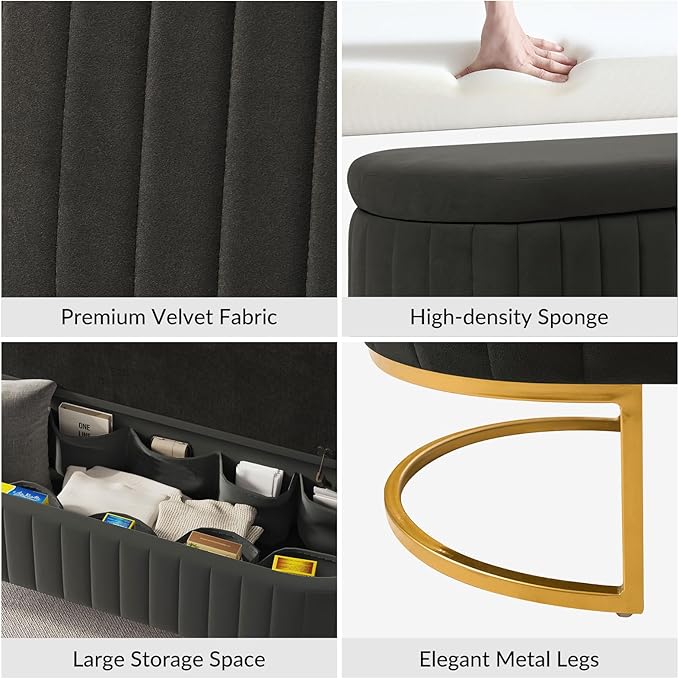 EcoHarbor Living 55.5" Storage Bench Ottoman End of Bed Bench Bedroom Bench, Upholstered Velvet Long Window Bench Large King Size with Gold Legs, Flipping Lid Entryway Footrest (Grey)
