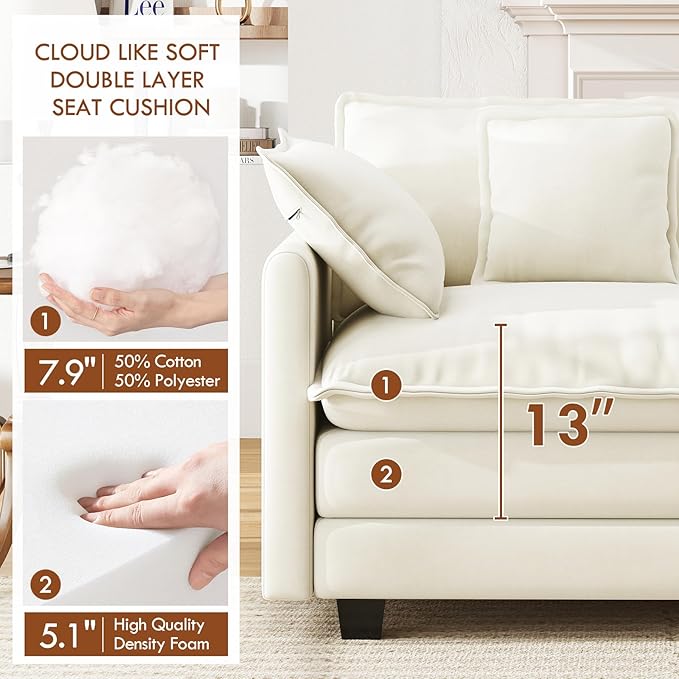 WorthFurni 77 Inch L Shape Cloud Sofa Modular Sectional Couch with Ottoman, Comfy Chenille Deep Seat Loveseat with Pillow for Living Room Bedroom Apartment （Beige）
