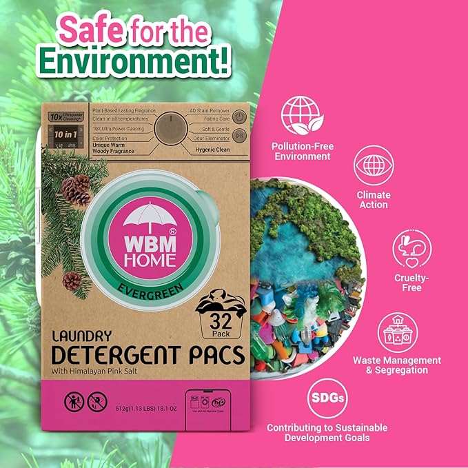 WBM Laundry Detergent Pods - Ultra-Concentrated, Hypoallergenic, Stain-Fighting, Evergreen Scent, 32-Pack, Recyclable Packaging for Eco-Friendly Cleaning