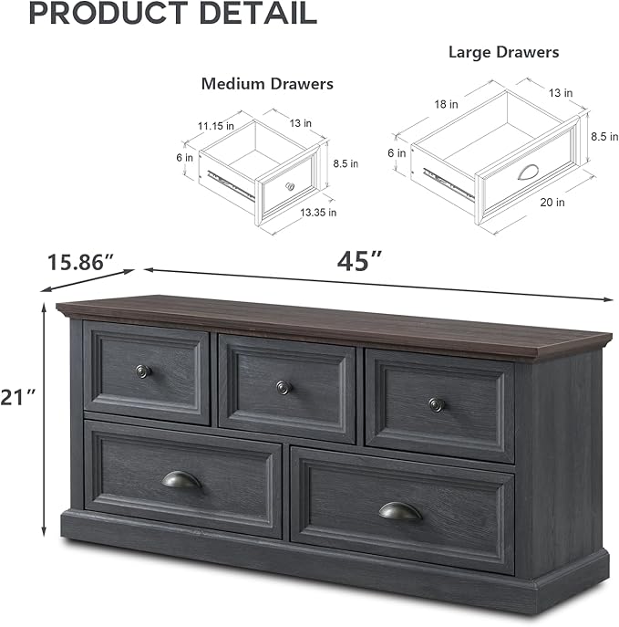 Farmhouse 5 Drawers Dresser for Bedroom, 45" Wide Chest of Drawers, 21" Tall Storage Closet Bench Storage Chest Storage Trunk, Wood Rustic Dresser for Closet, Living Room, Hallway, Dark Grey