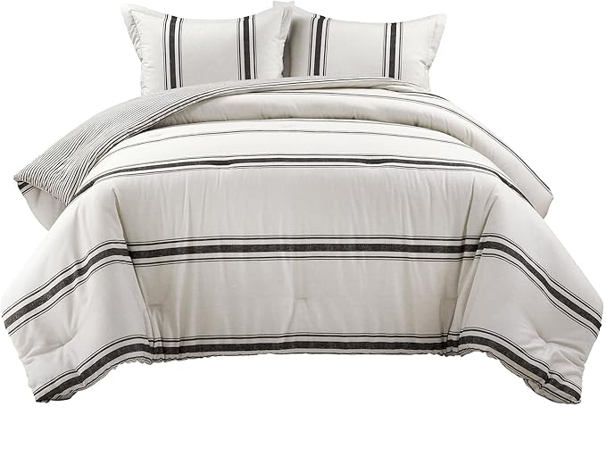 Lush Decor Farmhouse Stripe Reversible Cotton Comforter Set, 3 Piece Set, King, Black - Cozy Farmhouse Bedding Set - Rustic Decor - Striped Comforter - Modern Farmhouse Bedroom Decor