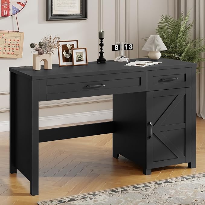 Farmhouse 47" Executive Desk, Computer Desk with Drawers and Storage Cabinet, Workstation for Home Office and Study.(Pure Black)
