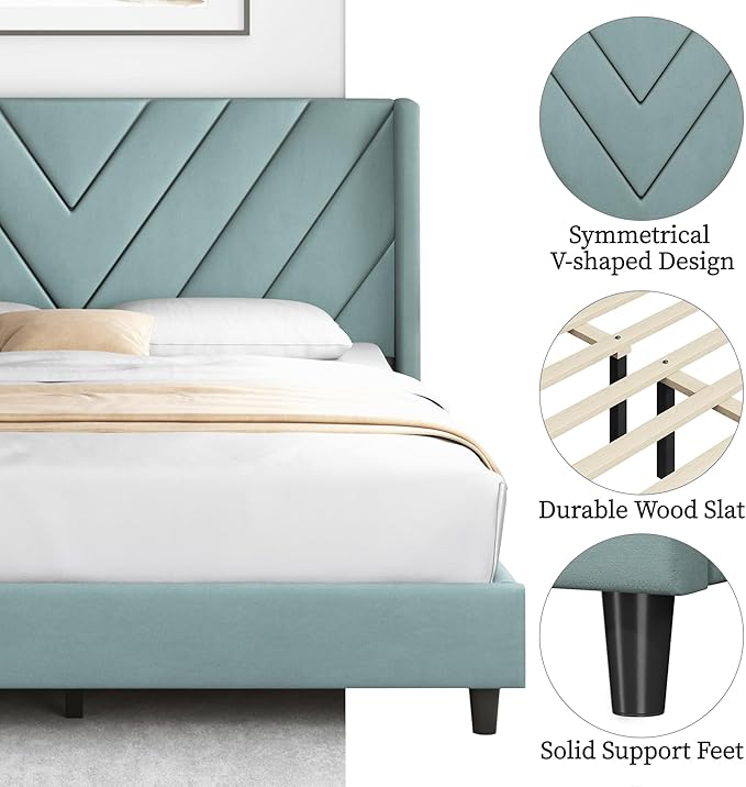 Yaheetech Queen Bed Frame Upholstered Platform Bed with Wing Side/Wooden Slat Support/Tufted Headboard with Wing Side/Mattress Foundation/No Box Spring Needed,Blue Lake Queen Bed