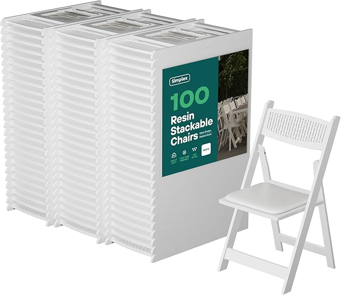 SIMPLEX White Stackable Folding Chairs with Padded Seat & Mesh Back, Padded Indoor/Outdoor Folding Chair, Lightweight Foldable Chairs, Weight Capacity 800LBs (100 Pack)