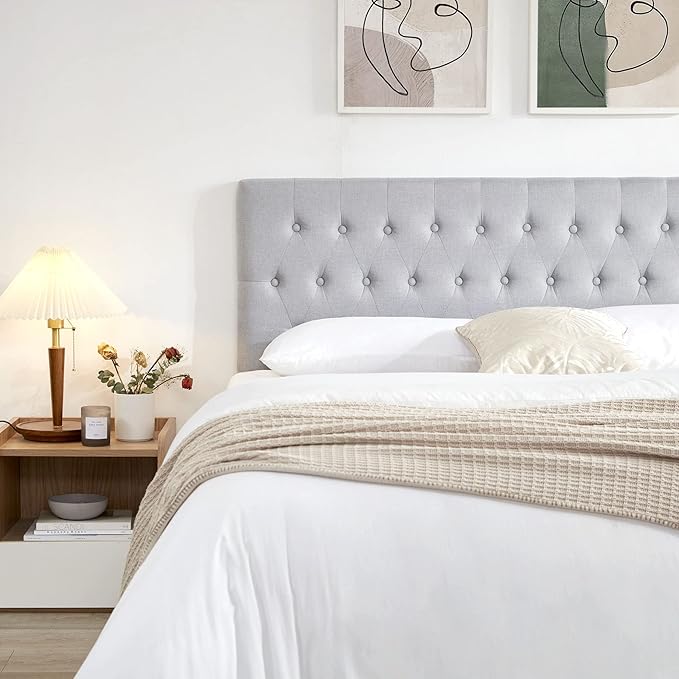Kingfun Tufted Upholstered Queen Size Bed Headboard in Modern Button Design, Adjustable Solid Wood Head Board, Premium Linen Fabric Padded Headboards in Bedroom (Smoky Grey)