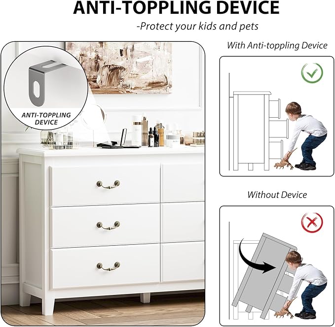 White Dresser, Modern 6 Drawer Double Dresser for Bedroom Adults & Kids with Vintage Gold Handles, Wide Dressers & Chests of Drawers, 6 Drawer Dressers for Hallway, Antique White