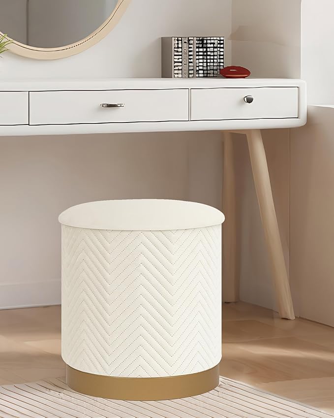 B FSOBEIIALEO Ottoman with Stroage, Round Velvet Storage Ottoman with Gold Plating Base,Foot Rest Stool for Dorm Room, Living Room White, 14.76"x14.76"x16.36"