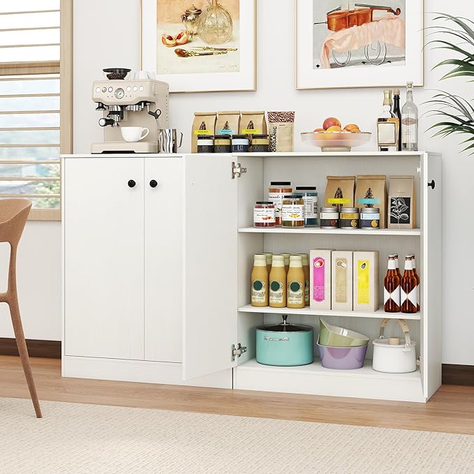 GOFLAME Floor Storage Cabinet with 2 Doors, Freestanding Accent Storage Cabinet Organizer with 3-Tier Inner Shelves, Modern Sideboard Buffet Cabinet for Kitchen, Living Room, Entryway, White