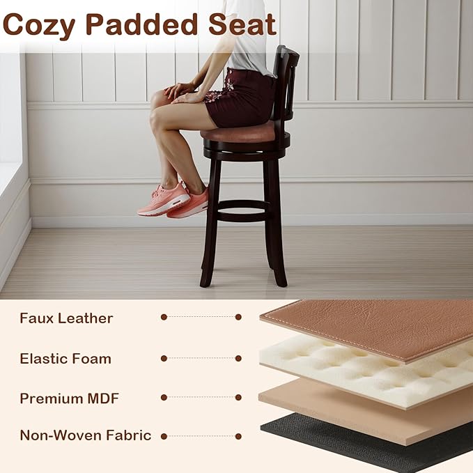 COSTWAY 30" Bar Height Stools Set of 4, Swivel High-Top Chairs with Backrest & Faux Leather Padded Seat, Rubber Wood Counter Barstools with Footrest for Kitchen Islands, Dining Room, Pub (4,30'')