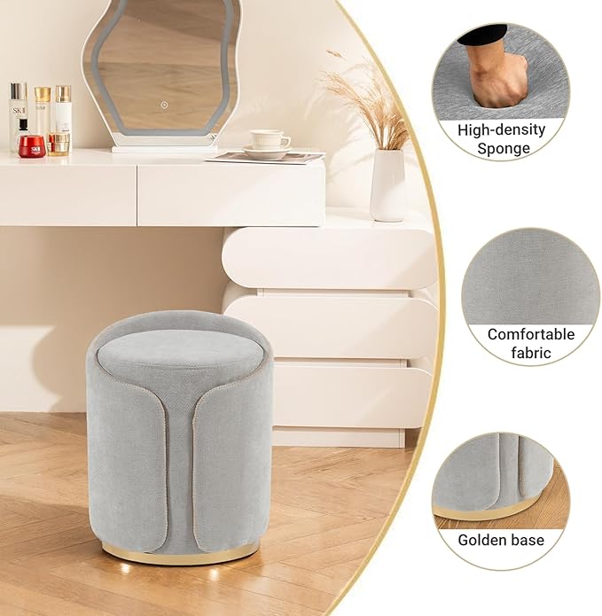 Swivel Vanity Stool with Gold Base Comfy Vanity Chair Modern Round Stool for Makeup Vanity Ottoman Foot Rest for Bedroom livingroom (Light Gray)