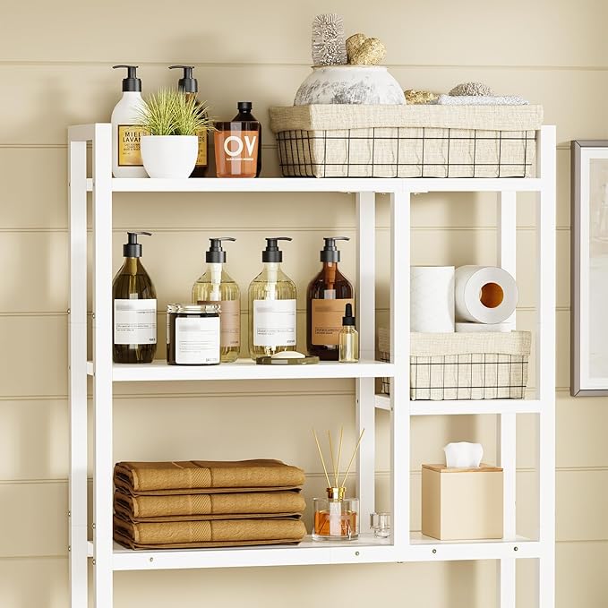 Over The Toilet Storage Rack, 3-Tier Bathroom Organizer Over Toilet, Wooden Above Toilet Storage Shelf, Space Saver, Freestanding BathroomStorage Metal Shelf, Easy to Assemble, White