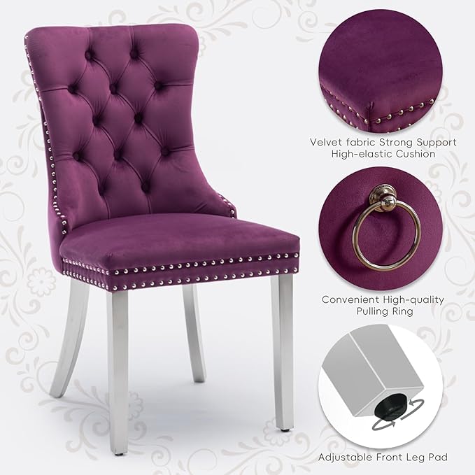 Velvet Upholstered Dining Chairs Set of 6, Modern Kitchen Side Chairs with Nailhead Trim and Silver Plated Leg, Metal Pulling Ring for Dining Room Living Room(Purple-Silver Plated Leg)