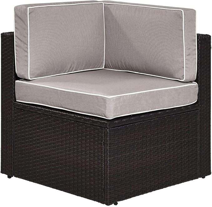 Crosley Furniture Palm Harbor Corner Outdoor Sectional Chair, Wicker Patio Chairs for Porch, Deck, Backyard, Brown with Gray Cushions
