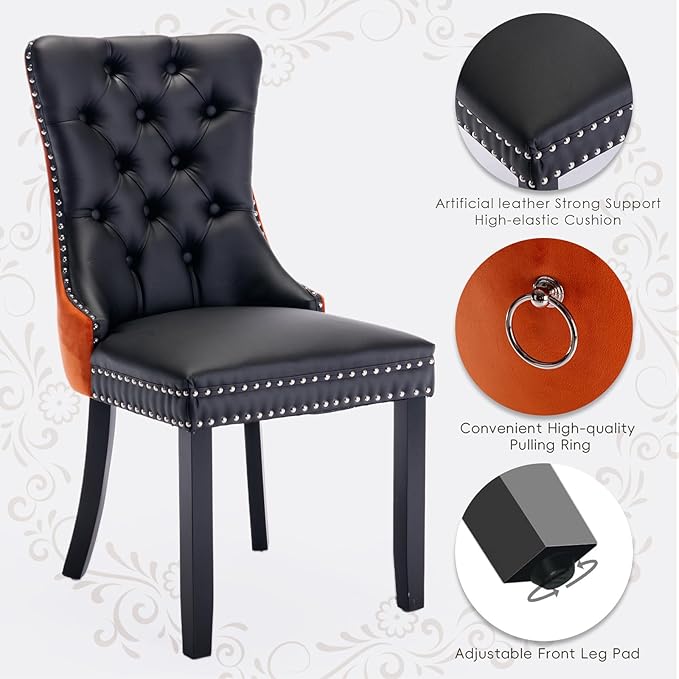 PU Upholstered Dining Chairs Set of 2, Modern Style Kitchen Side Chairs with Nailhead Trim and Wood Leg, Metal Pulling Ring for Dining Room Living Room(Black&Orange,Set of 2)