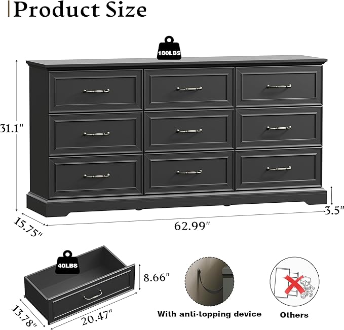 Farmhouse 9 Drawers Dresser for Bedroom, 63" Wide Modern Chest of Drawers with Deep Drawers & Bar Handles, Rustic Wood Dresser TV Stand, Wooden Closet Storage Organizer for Living Room, Hallway, Black