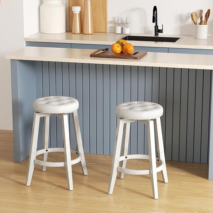 COSTWAY 360° Swivel Bar Stools Set of 4, 30-inch Height Vintage Upholstered Rubberwood Backless Bar Chairs with Footrest, Retro Kitchen Counter Stools for Kitchen Island Dining Room Home Bar, White