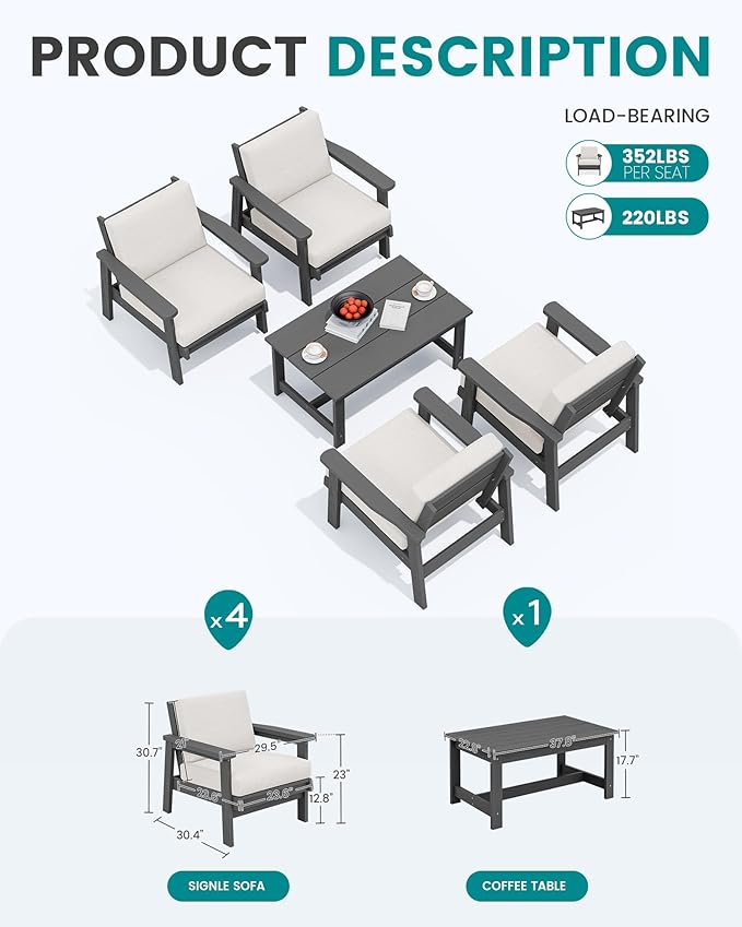 SERWALL Outdoor Patio Furniture Set, 5 Piece HDPE Patio Conversation Sets, All-Weather Wood-Like Outdoor Couch Loveseat and Coffee Table with Thick Cushions for Porch Balcony Garden Backyard