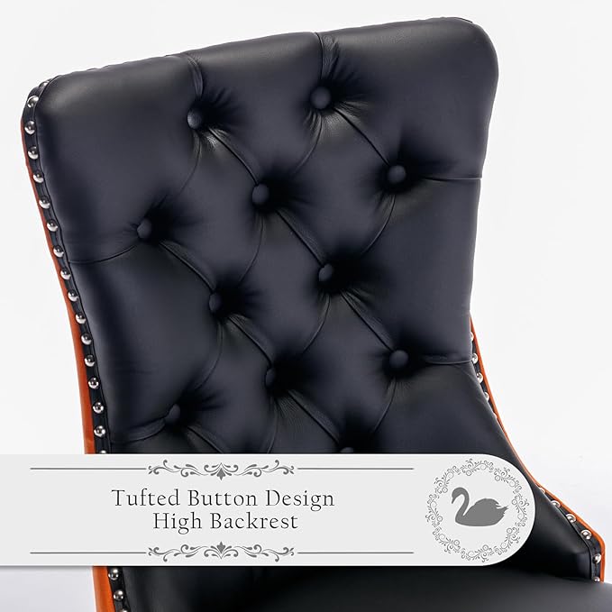 Leather Upholstered Dining Chairs Set of 8, Modern Style Kitchen Side Chairs with Nailhead Trim and Wood Leg, Metal Pulling Ring for Dining Room Living Room