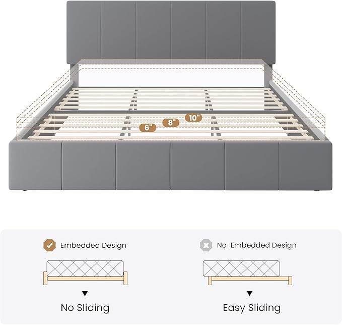 SHA CERLIN King Size Bed Frame, Velvet Upholstered Platform Bed, Vertical Channel Tufted Adjustable Headboard, Low Profile Bed Frame, No Box Spring Needed, Easy Assembly, Grey