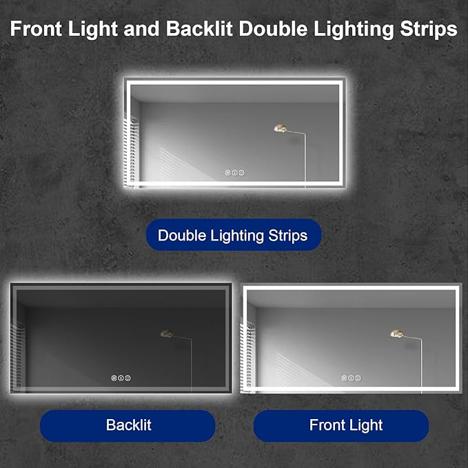 Awoco 72''x36'' LED Bathroom Mirror with Light, Lighted Vanity Mirror with Backlit and Front Light, Dimmable Anti-Fog Memory Function Lighted Mirror with 3 Colors for Bathroom Wall