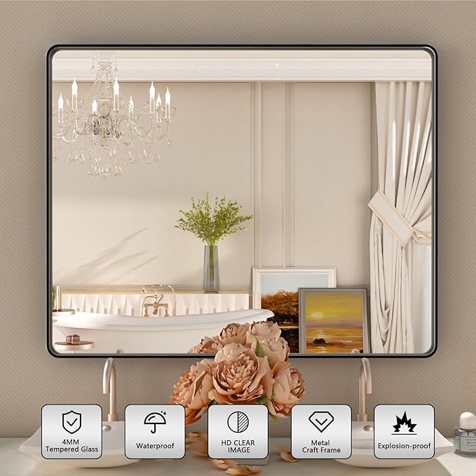 40x36 Inch Black Bthroom Mirror,Black Metal Frame Vanity Mirror for Wall,Rounded Corner Rectangle Matte Black Mirror,Tempered Glass,Anti-Rust (Horizontal/Vertical)